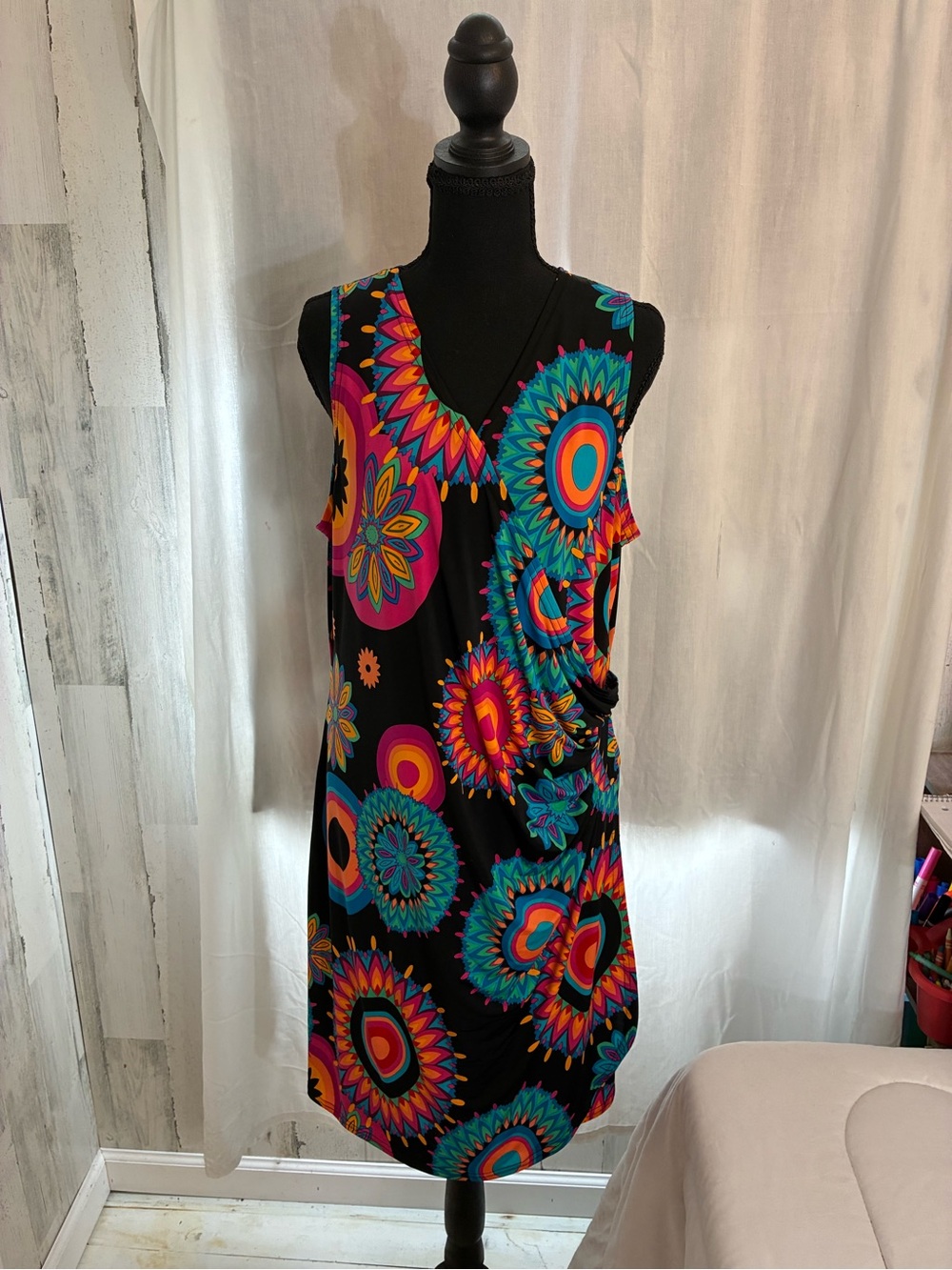 Women's Black Midi Dress with Multicolor Mandala Print Sz XXL